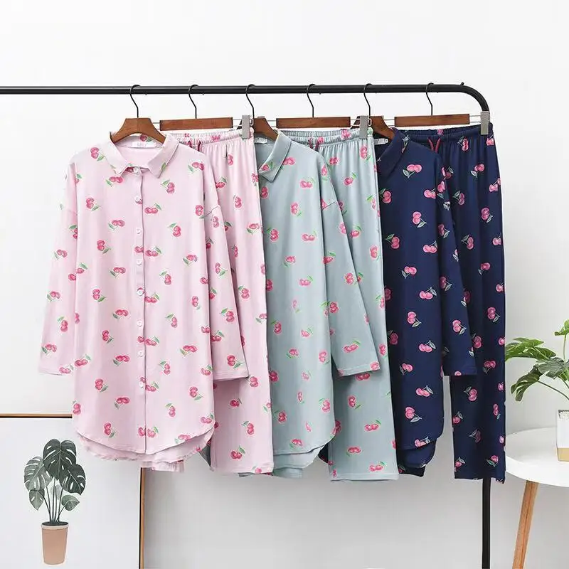 Осенне зимняя Пижама женская новинка 100% хлопок костюм милый маленький вишневый