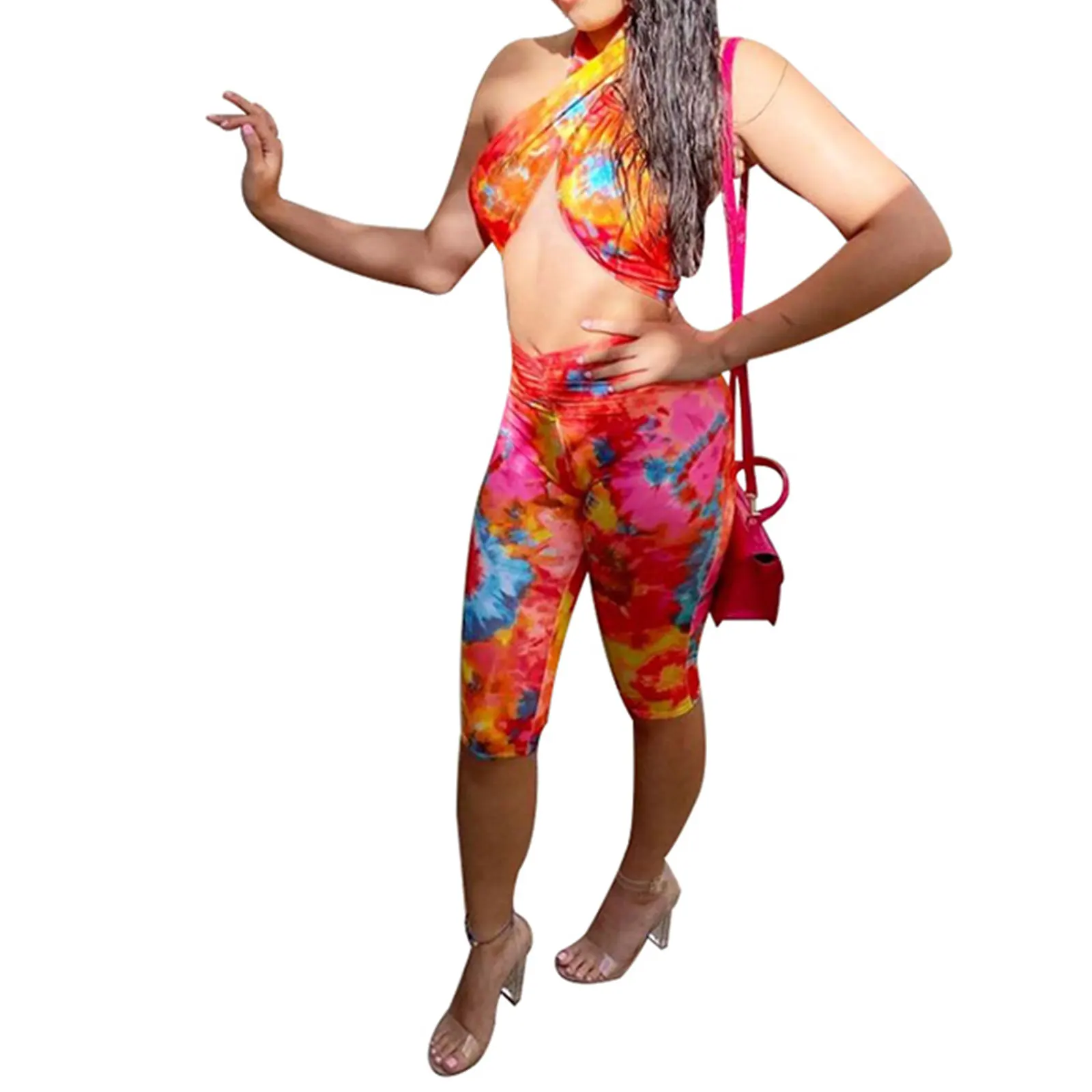 

Женские Тай-дай комплект одежды без рукавов с низким вырезом на спине перекрестные укороченные топы + юбка с высокой талией короткие штаны