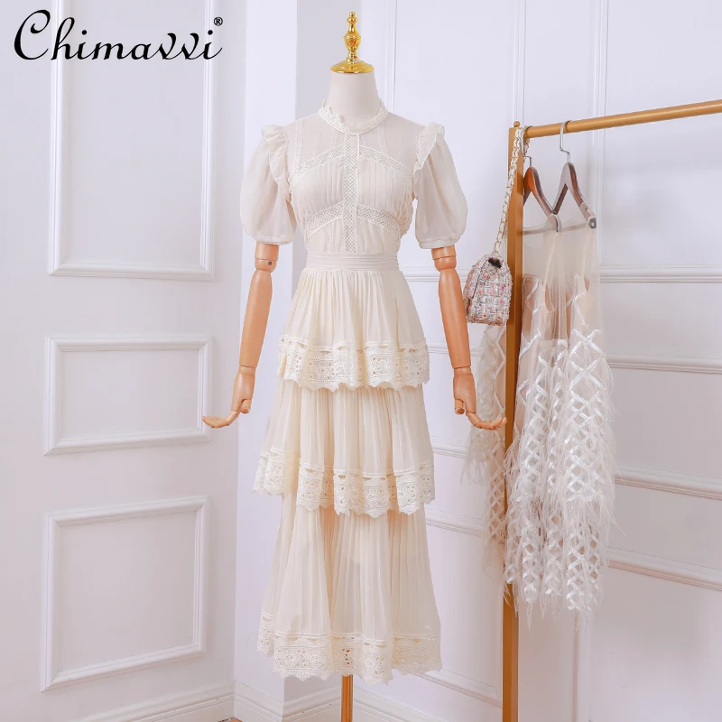 

2021 Spring and Summer New Party Holiday Dress Women V Neck Lace Cake Dress Female Pleated Long Sleeve Dress