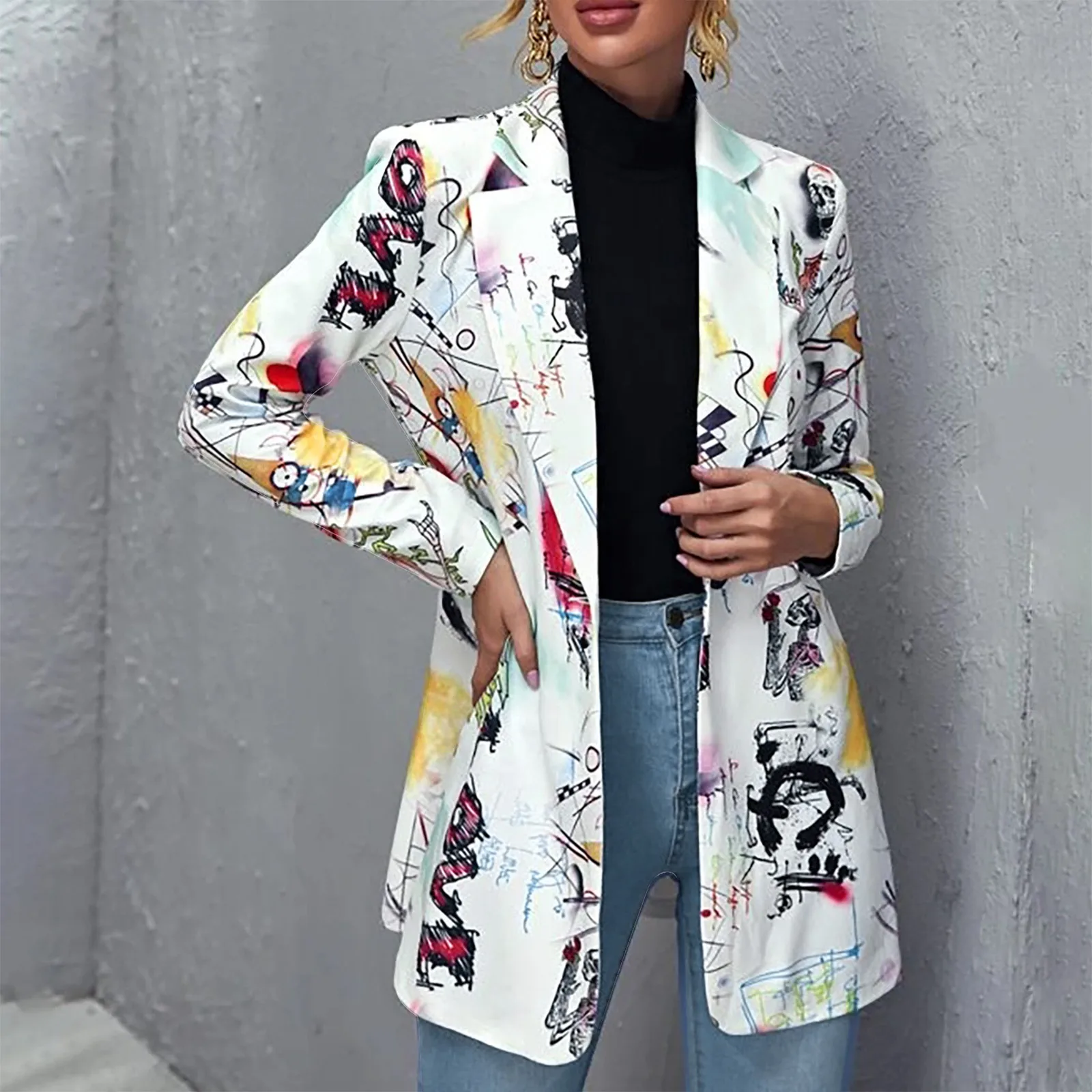 

New Women's Blazer Casual Graffiti Print Single Button Small Cardigan Wthout Pocket Coat blazer femenino пиджак женский