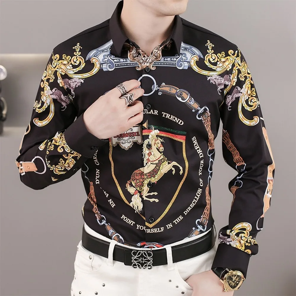 

Luxury Retro Print Shirts Men 2021 Rhinestone Long Sleeve Casual Shirt High Quality Slim Streetwear Social Party Male Clothing