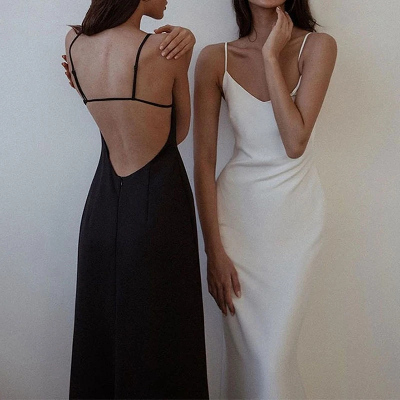 

Women Sexy Backless Solid Color Dress Stylish Sleeveless V-neck Dress for Ladies
