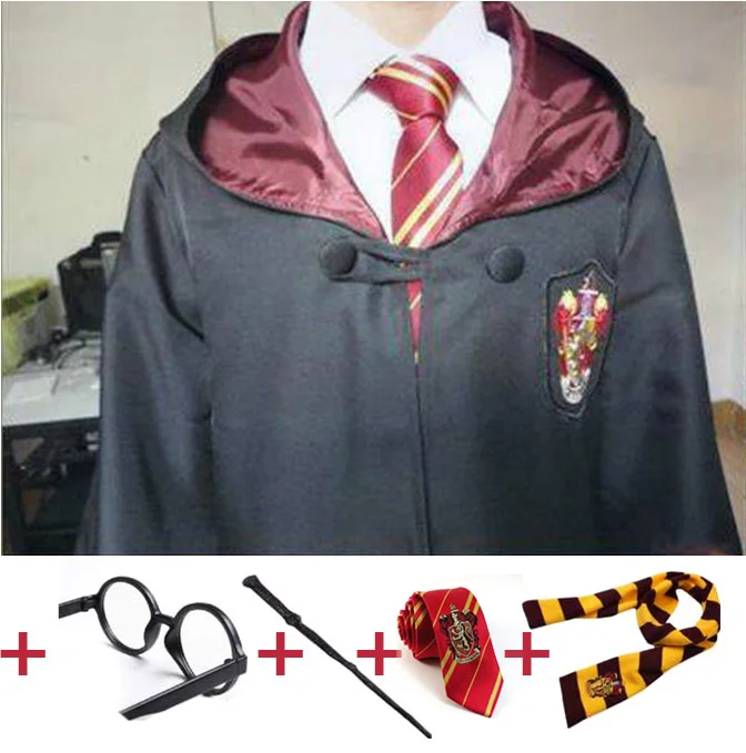 Gryffindor full set2 Косплэй костюмы робы накидка с шарфом палочка очки Гриффиндор равенклав, хуфлепуф, накидка факультета Слизерин Харрис костюм - Цвет: Gryffindor full set2