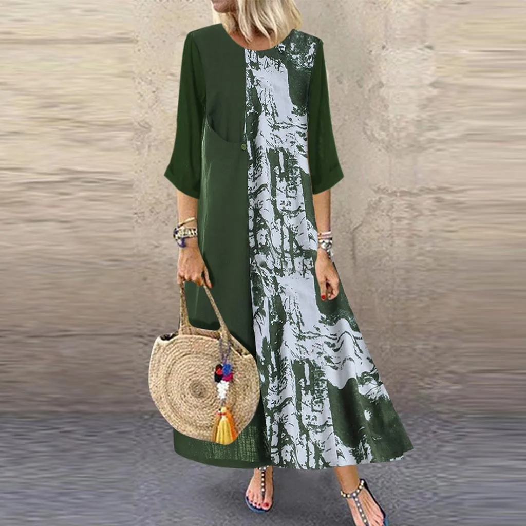 Женское платье-макси с принтом длинным рукавом круглым вырезом и карманами |