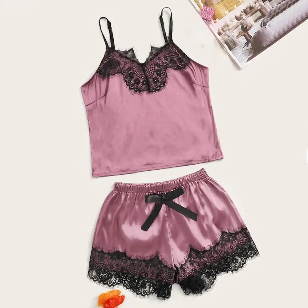 Женский кружевной атласный беспроводной бюстгальтер Camisole пижамы шорты с бантиком комплект пижамы 661SW1