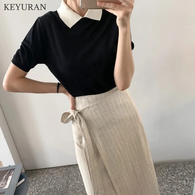 Женская трикотажная футболка в полоску повседневная офисная с коротким рукавом