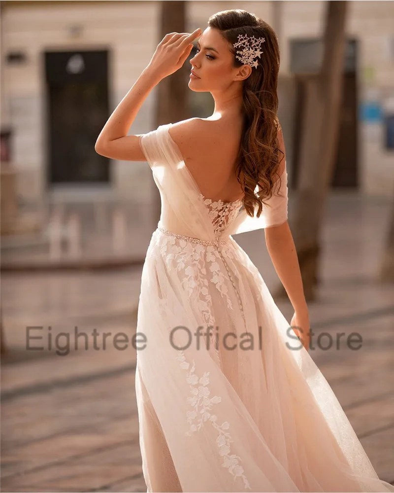 

Eightree Hot Sell Blush Pink Wedding Dress Lace off Shoulder Vintage Wedding Gowns Belt Boho Bridal Dresses 2021 Bruidsjurken