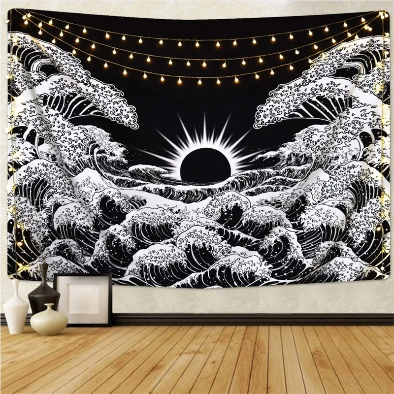 

Mandala Tapestry White Black Sun Moon Waves Wall Hanging Tapestries Hippie Wall Rugs Dorm Decor Blanket Boho House Decor 95x73cm