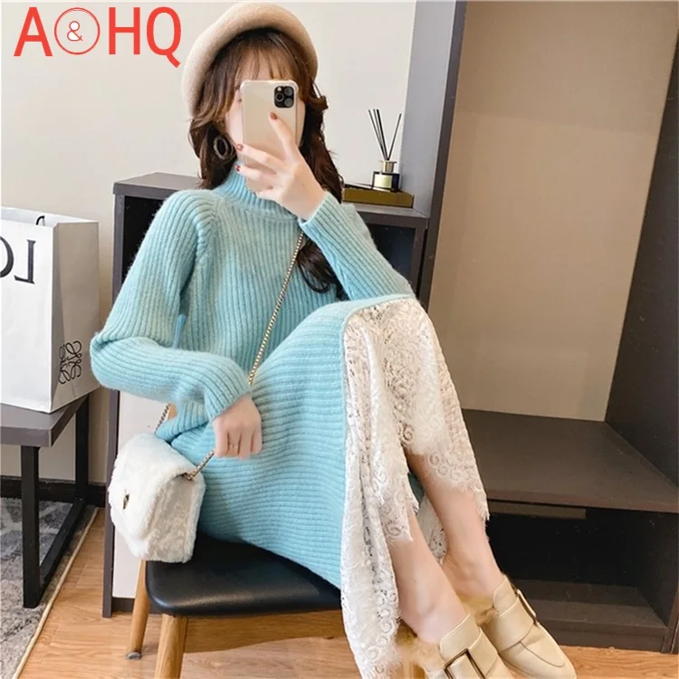 

Long below the Knee Sweater Dress Women's Autumn and Winter New Lace Splicing Pullover Knitted Dress Outer Wear