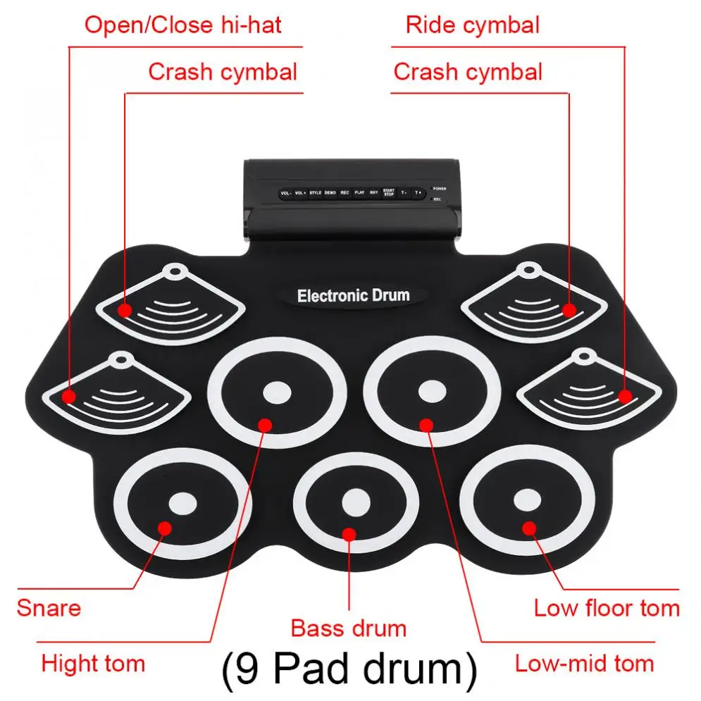9 Pads Electronic Roll up Silicone Drum Kit with Drumsticks & Sustain Pedal Hand Percussion gift Musical Toy Instrument