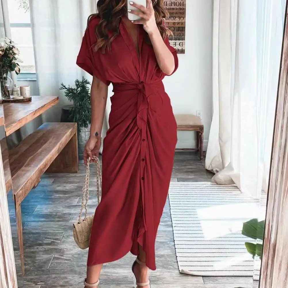 

Vestidos Summer Sundress Women Elegant Dresses Women Dress Solid Color Belt Summer Short Sleeve Lapel Buttons Dress Party Robe