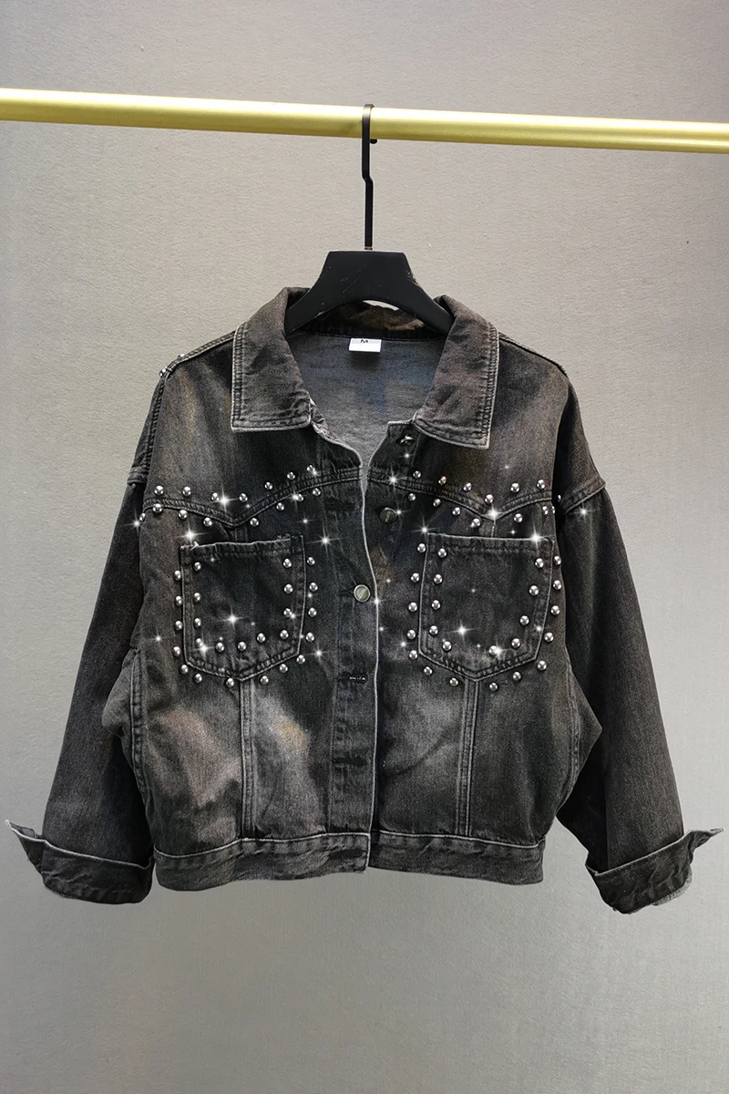 

Black Cotton Denim Jacket Women's 2020 New Spring Fall Loose Jeans Jackets Coat Girls Heavy Industry Rivets Long Sleeve Jean Top