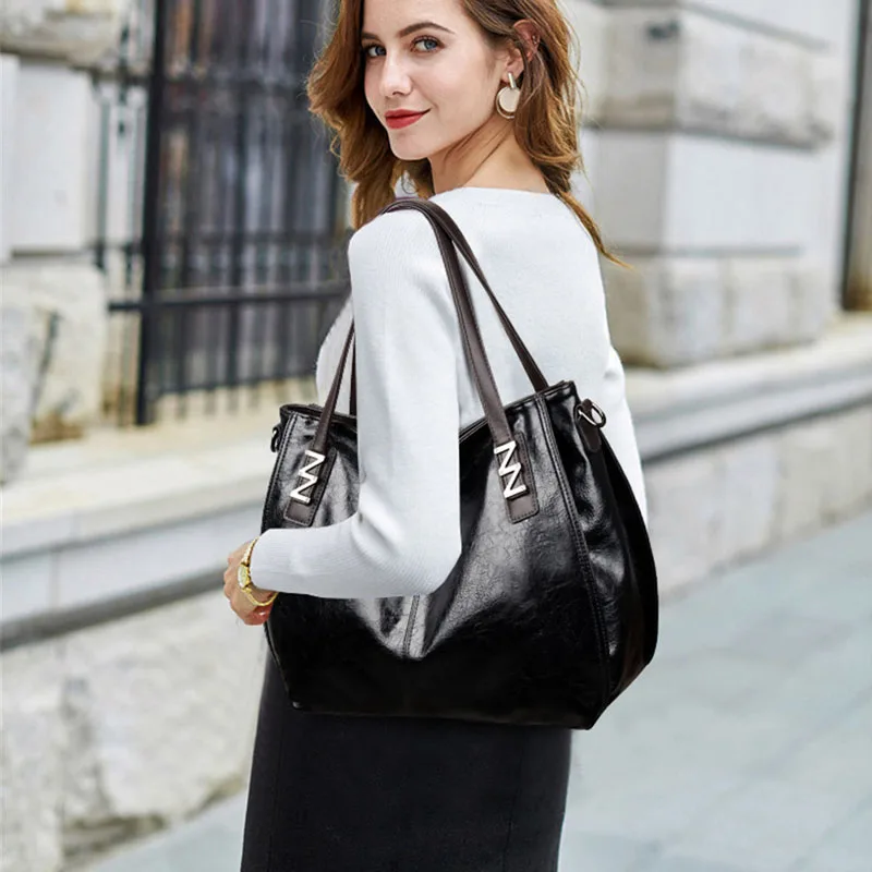 

Women Oil Wax Leather Designer Handbags High Quality Shoulder Bags Ladies PU leather women bags Casual Tote Bags sac a main