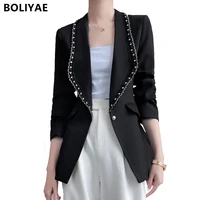 boliyae autumn and winter women blazer fashion high quality white suit coat female v neck long sleeve jacket outerwear chic tops