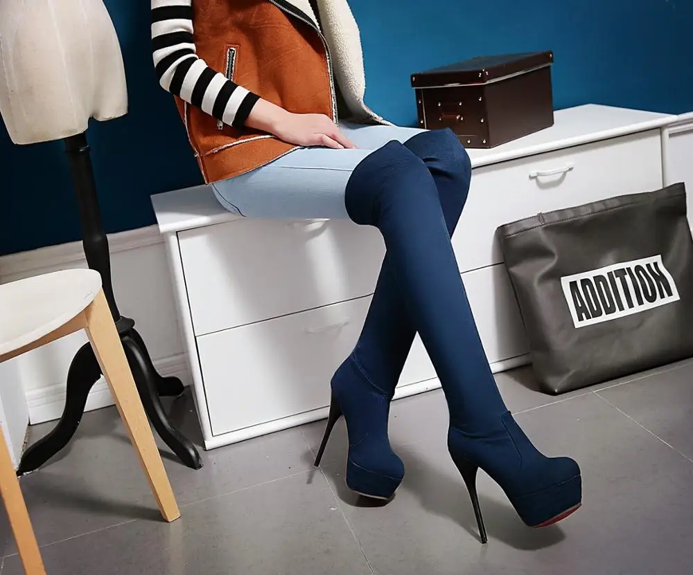 Сапоги женские зимние эластичные выше колена на платформе тонком высоком