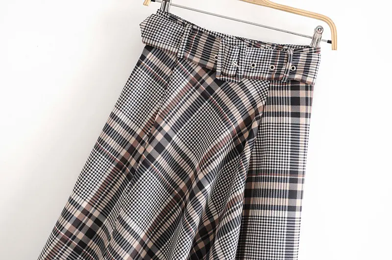 Женские миди юбки 2019 Новая мода плед Печатный пояс Высокая талия элегантные