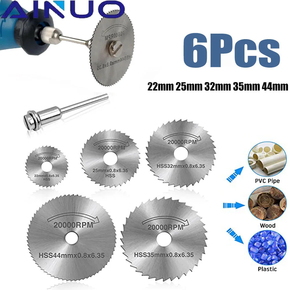 6Pcs Mini Circular Saw Blade Set HSS Cutting Disc with Mandrels Drill Warehouse Rotary Wood Plastic Aluminum Cutout