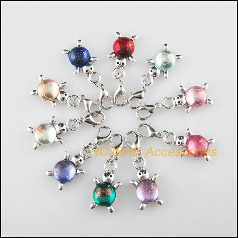 

10Pcs Tibetan Silver Plated Animal Tortoise Frame Mixed Mirage Resin Charms Pendants With Lobster Claw Clasps 14x23mm