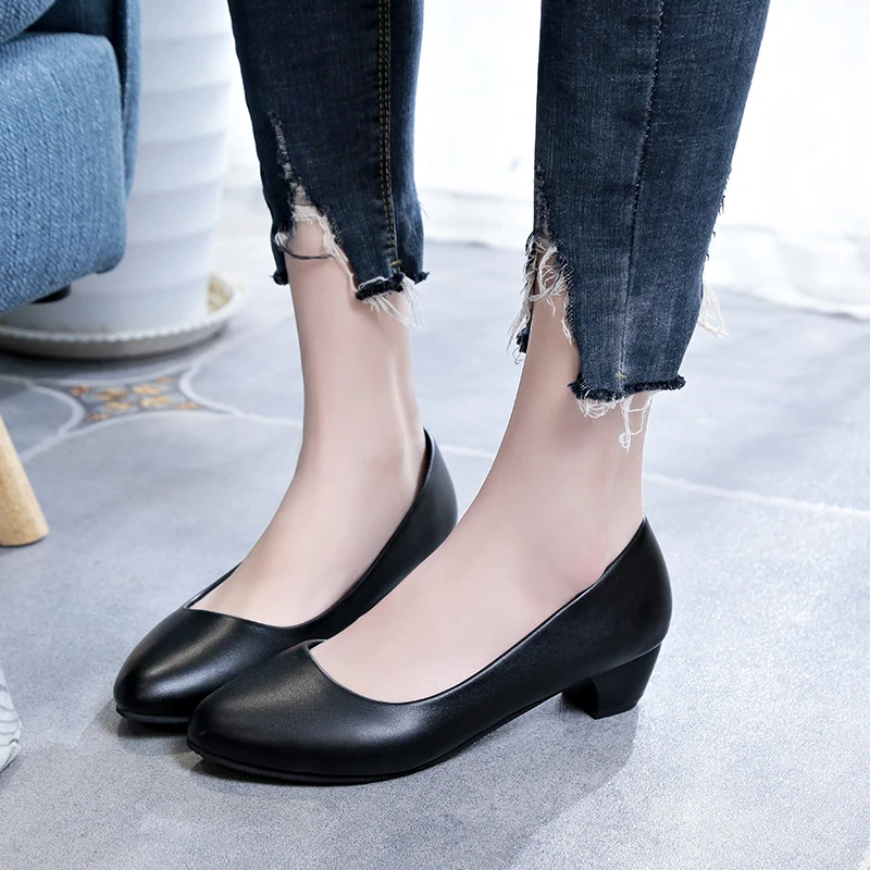 

Plus Size 35-41 Spring Autumn Women Low Heels Shoes Black Boat Shoes Office Lady Shoes Medium Heels Pumps zapatos mujer 6156