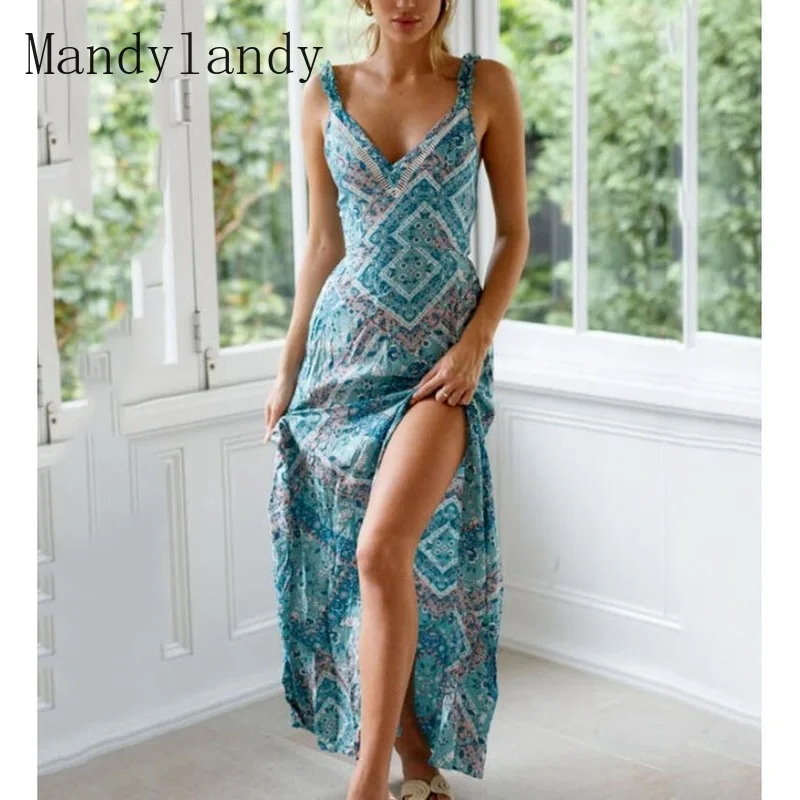 

Летнее женское Модное Длинное Платье Mandylandy с принтом, богемное пляжное платье с V-образным вырезом и открытой спиной, платье на бретельках с ...