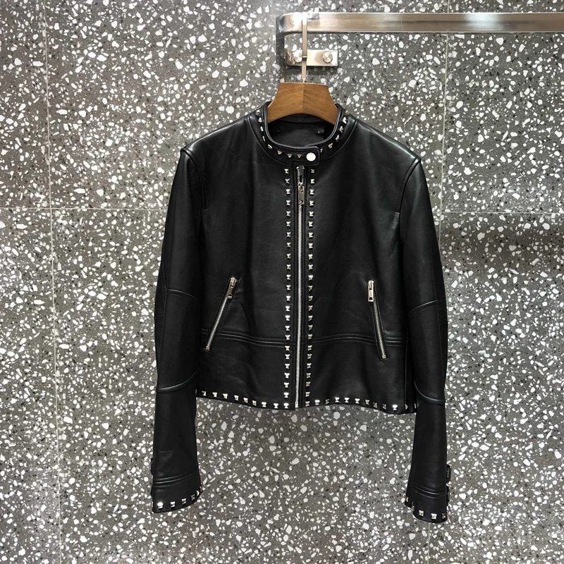 

Woman Coats Fashion Sheepskin Leather Female Jackets Motorcycle Leather Clothing Real Sheepskin Leather Short rivetleather ja