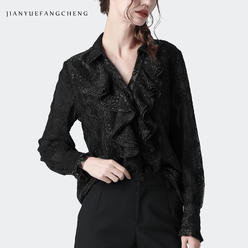 

Fashion Women Winter Velvet Lace Blouse Warm Thicken Long Sleeve Ruffles Floral Shirt Ladies Plus Size Office Casual V-Neck Tops