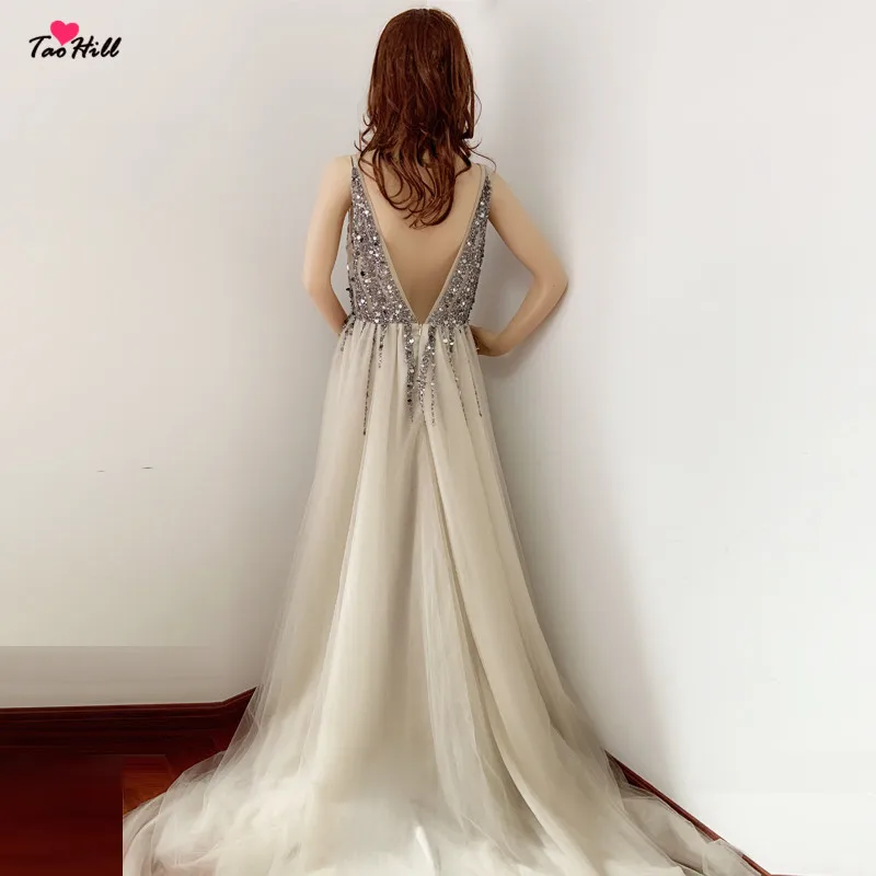 Женское вечернее платье с бисером TaoHill серое длинное открытой спиной для