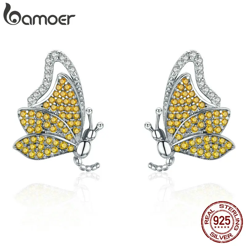 BAMOER 925 пробы серебряные серьги-гвоздики с желтыми танцующими бабочками CZ изысканные серьги для женщин ювелирные изделия из стерлингового серебра SCE369