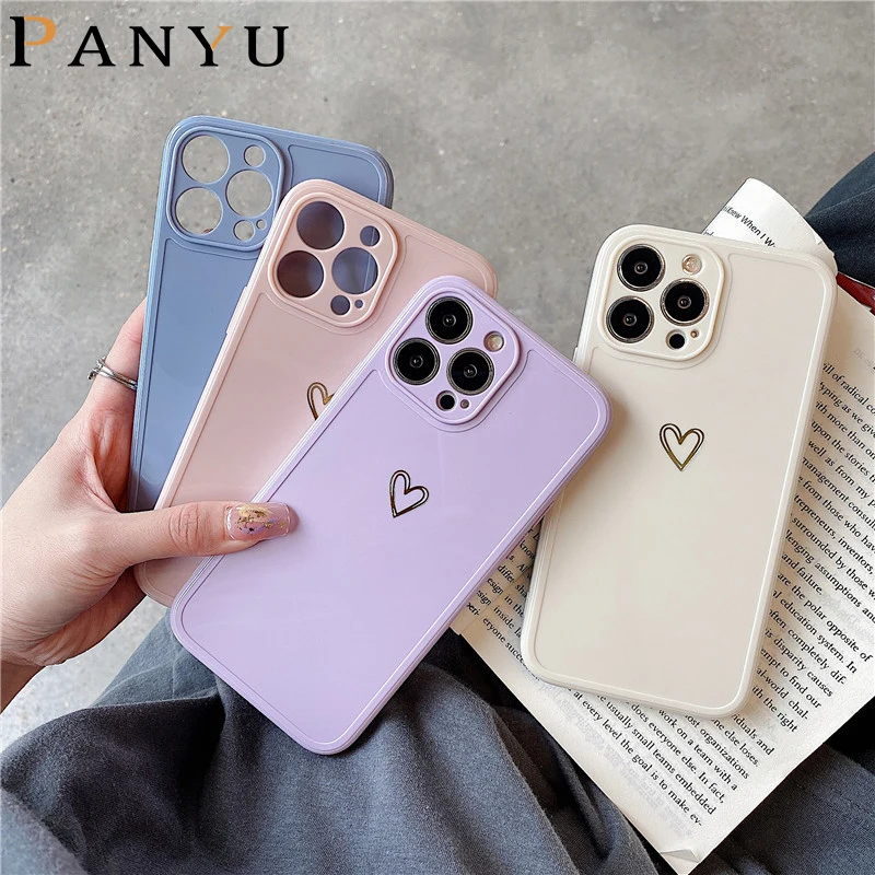 

Fashion Bronzing Love Heart Phone Case For iPhone 13 12 11 Pro Max XR X XS Max 7 8 Plus Smooth Soft Back Protective Cover Capa