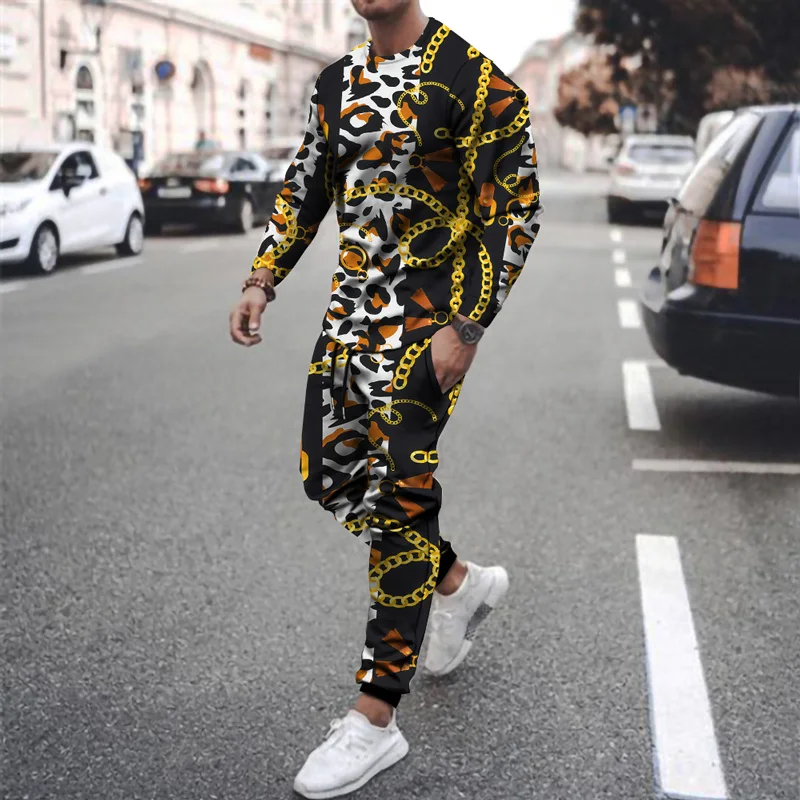 

2021 men's new retro ethnic street style print autumn fashion 3D printing casual sports round neck suit