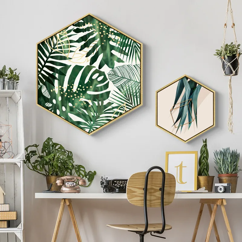 

Decorative Paintings Hexagon Creative Wall Paintings Nordic Style Green Plant Leaves Sofa Background Wall Hanging Pictures R3256