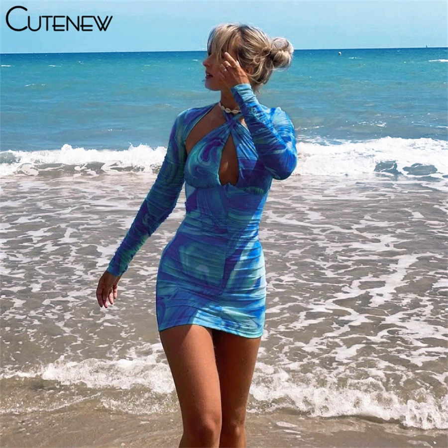 

Cutenew Fashion Tie Dye Print 2 Piece Set Women Outfits Long Sleeve Crop Tee+Sexy Backless Halter Dress Matching Lady Streetwear