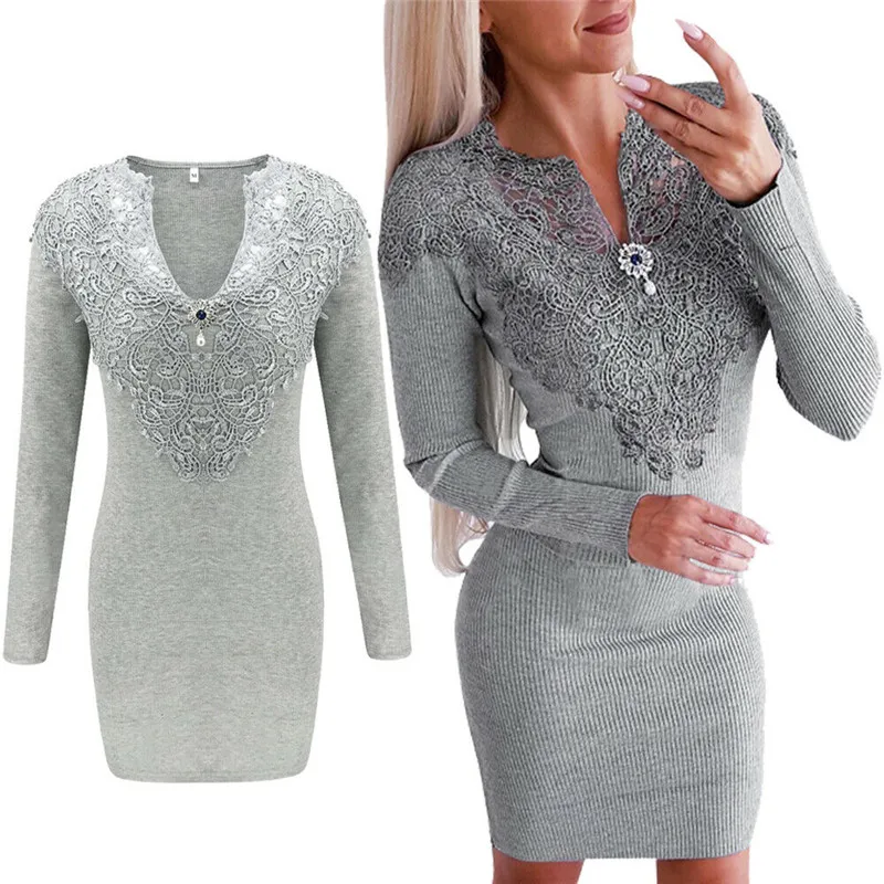 Модное женское Кружевное облегающее трикотажное платье с длинным рукавом