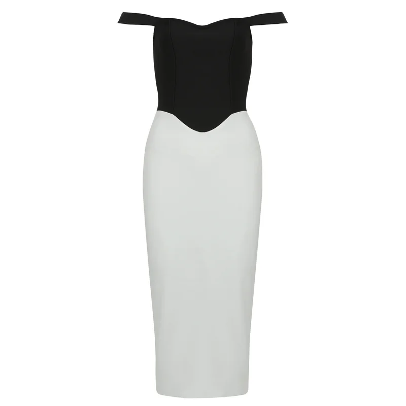 

UKCNSEP White Black Patchwork Bandage Dress 2021 New Summer Sexy Women Slash Neck Bodycon Celebrity Runway Party Dress