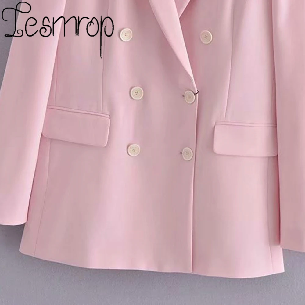 

LESMROP 2021 ZA Women New Autumn Vintage Double Breasted Blazer Coat Jacket Outerwear Casual Fashion Saco Mujer Pink LP58BZ4748