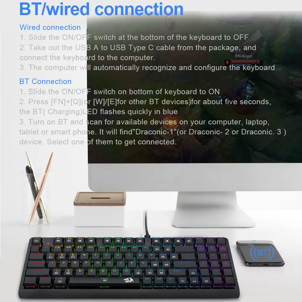 Супер тонкая Механическая игровая клавиатура Redragon Dragonworrior K603P поддержка Bluetooth