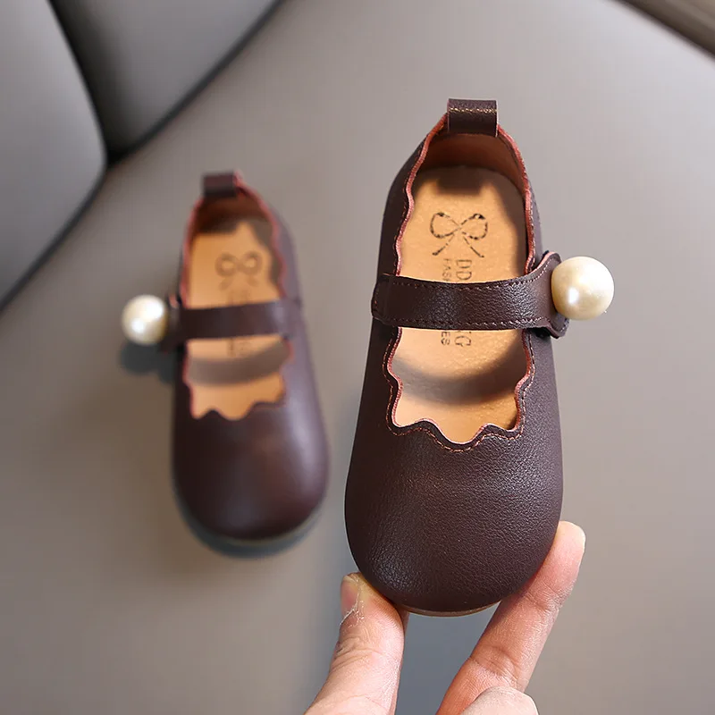 

COZULMA New Autumn Kids Leahter Shoes for Girls Pearl Casual Soft Bottom Shoes Children Princess Beading Dress Shoes