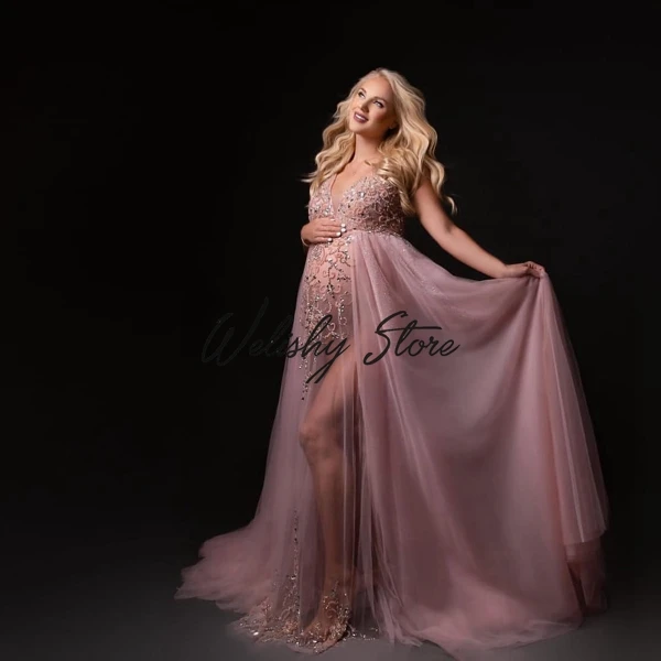

Chic Bling Beads Sequins Draped Tulle Maternity Gowns Luxury Sleeveless Long Floor Length Party Dresses Baby Shower Wear