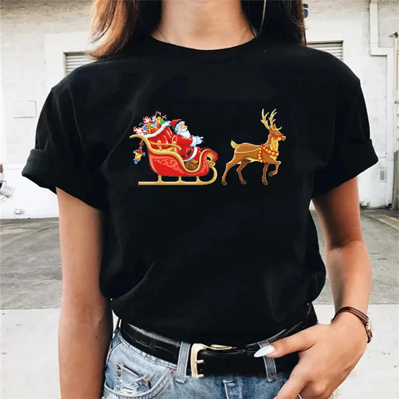 

2021 New Hot Christmas Funny Santa Sleigh Elk Print T-shirt Women Casucal Round Neck Loose Harajuku style Black short sleeve