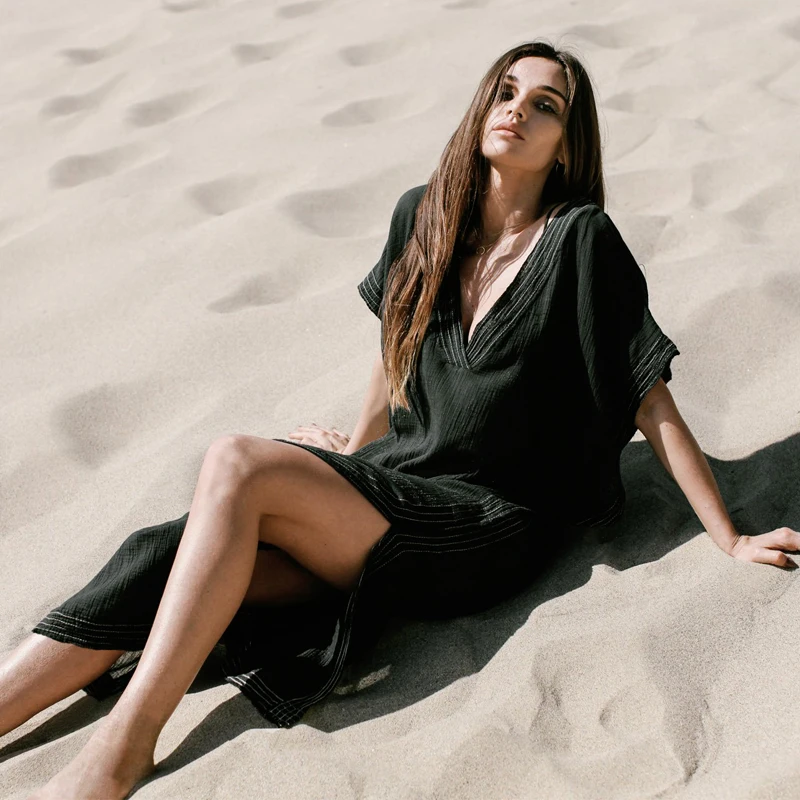 2022 Long Beach Cover up Pareos de Playa Mujer Wear Plus size Bikini Robe Plage Sarong Black Tunic #Q701 | Женская одежда