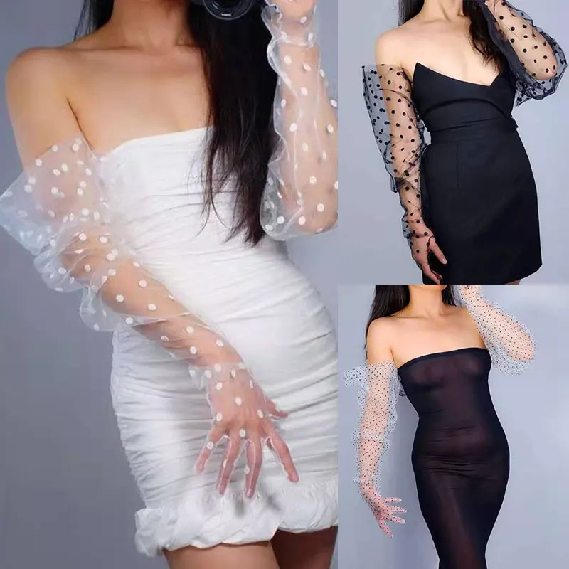

Stretchy Lace Spots Full Finger Mittens Polka Dot Formal Prom Lace Gloves Long Big Puff Sleeves Black Ball Gown Party Cosplay