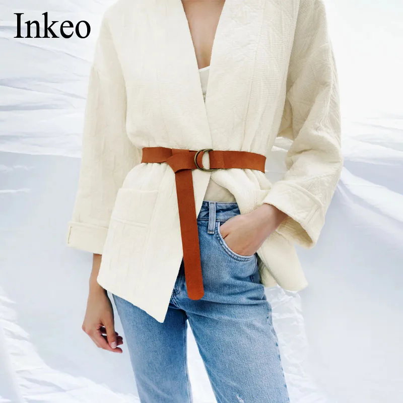 

Spring Fall Women belted puffer jacket Loose casual Long turn-up sleeve female padded cotton coat 2021 New Overcoat INKEO 1O078