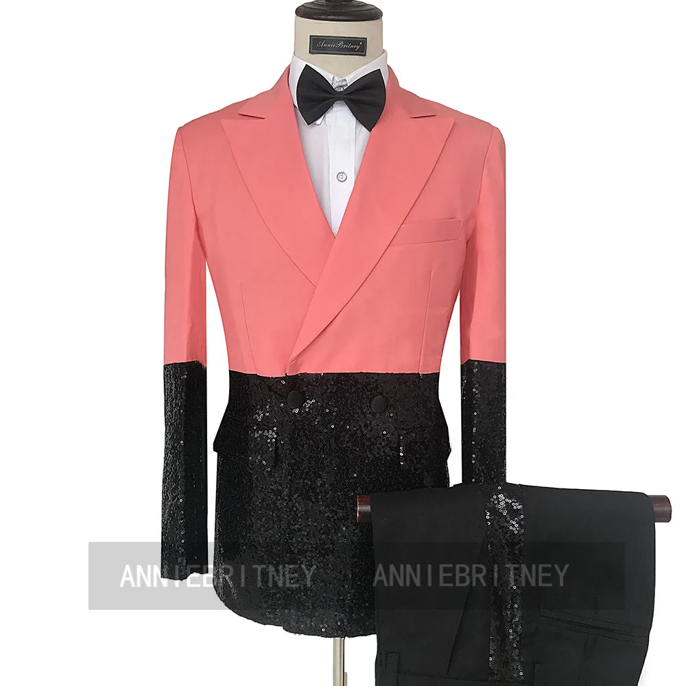

Fashion Coral Red Suit Men 2 Piece Slim Fit Wedding Groom Suit Dress Tuxedo Dinner Double Breasted Black Shiny Blazer Pants Set