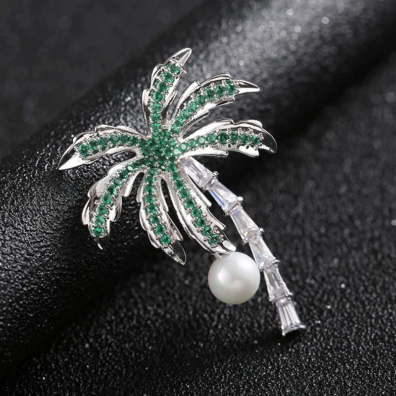 

Cytheria luxury delicate pearl brooches pins for women copper alloy crystal rhinestone coconut tree brooches