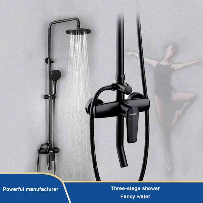 

Bathroom wall-mounted full copper light luxury baking jet black thermostatic shower waterfall spray shower set AE02LD-0002