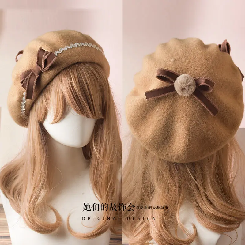 

MAGOGO Lolita Berets Wool Blend Hat Women Girls Bow Tripe Sailor Style Preppy Chic College Sweet Cap Fashion New