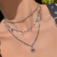 multilayer chain necklace women punk spider cross choker hip hop jewelry stacking necklace clavicle chain silver color