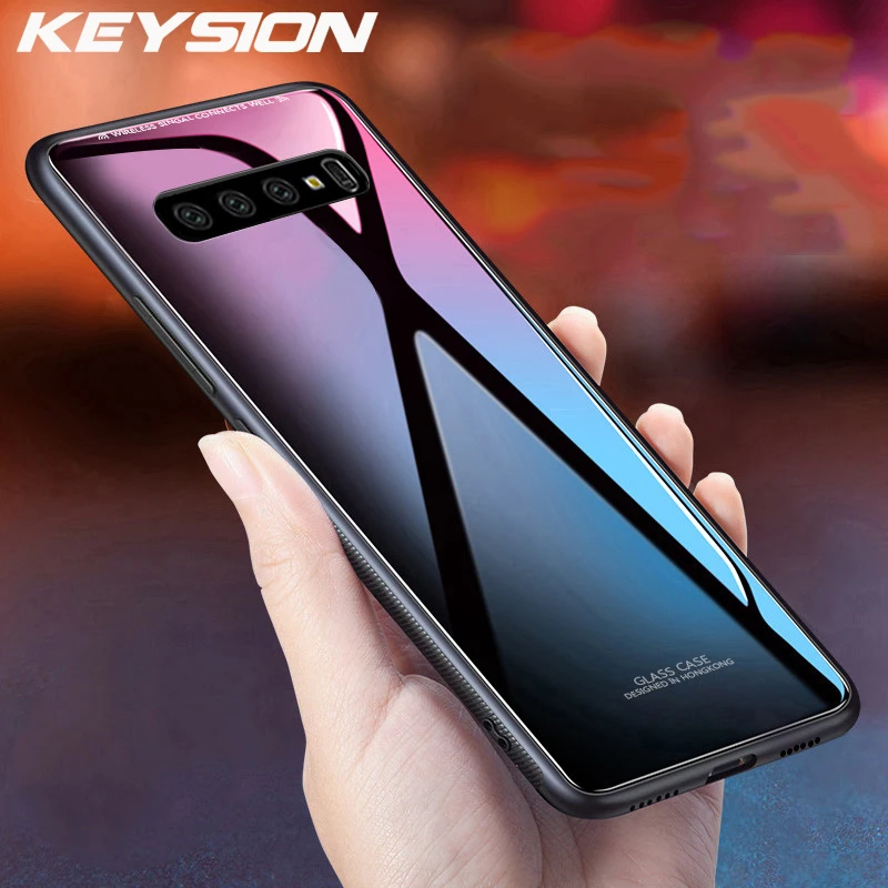 KEYSION Glossy Tempered Glass Case For Samsung S10 S9 S8 Plus S10e A50 A70 A80 A30 A20 Soft TPU Edge Hard Back Cover |