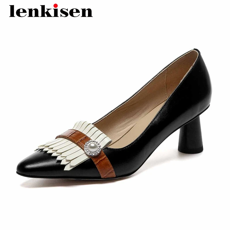 

Lenkisen spring summer season full grain leather mixed colors fringe small square toe high heel slip on fashion women pumps L81