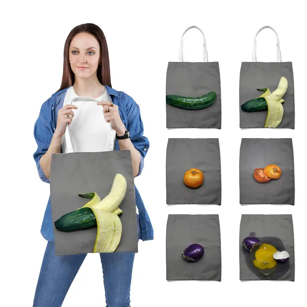 

Tote Shopper Bag Funny Fruits And Vegetables Oil Painting Women Reusable Grocery Case Student Shoulder Pouch Shopping Bags